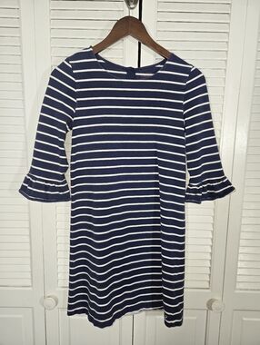 Vineyard Vines Blue White Striped 3/4 Ruffle Bell Sleeve Shift Dress Size L